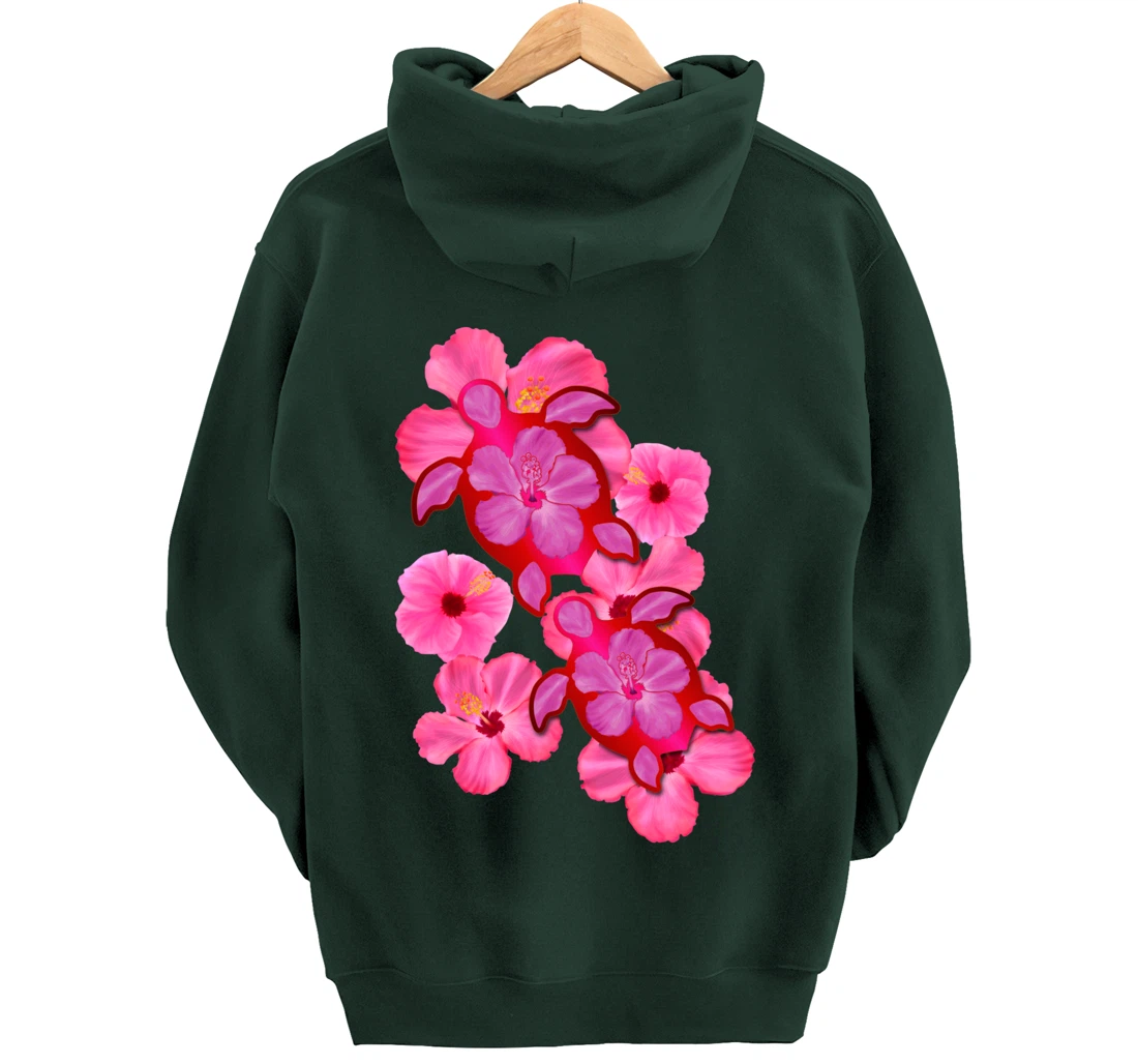 Tropical Sea Turtle Hawaiian Honu Hibiscus Flowers Pullover Hoodie