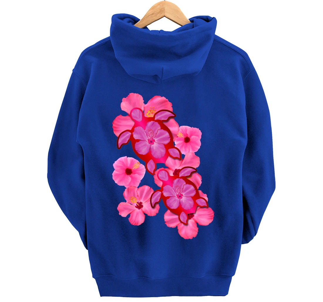 Tropical Sea Turtle Hawaiian Honu Hibiscus Flowers Pullover Hoodie
