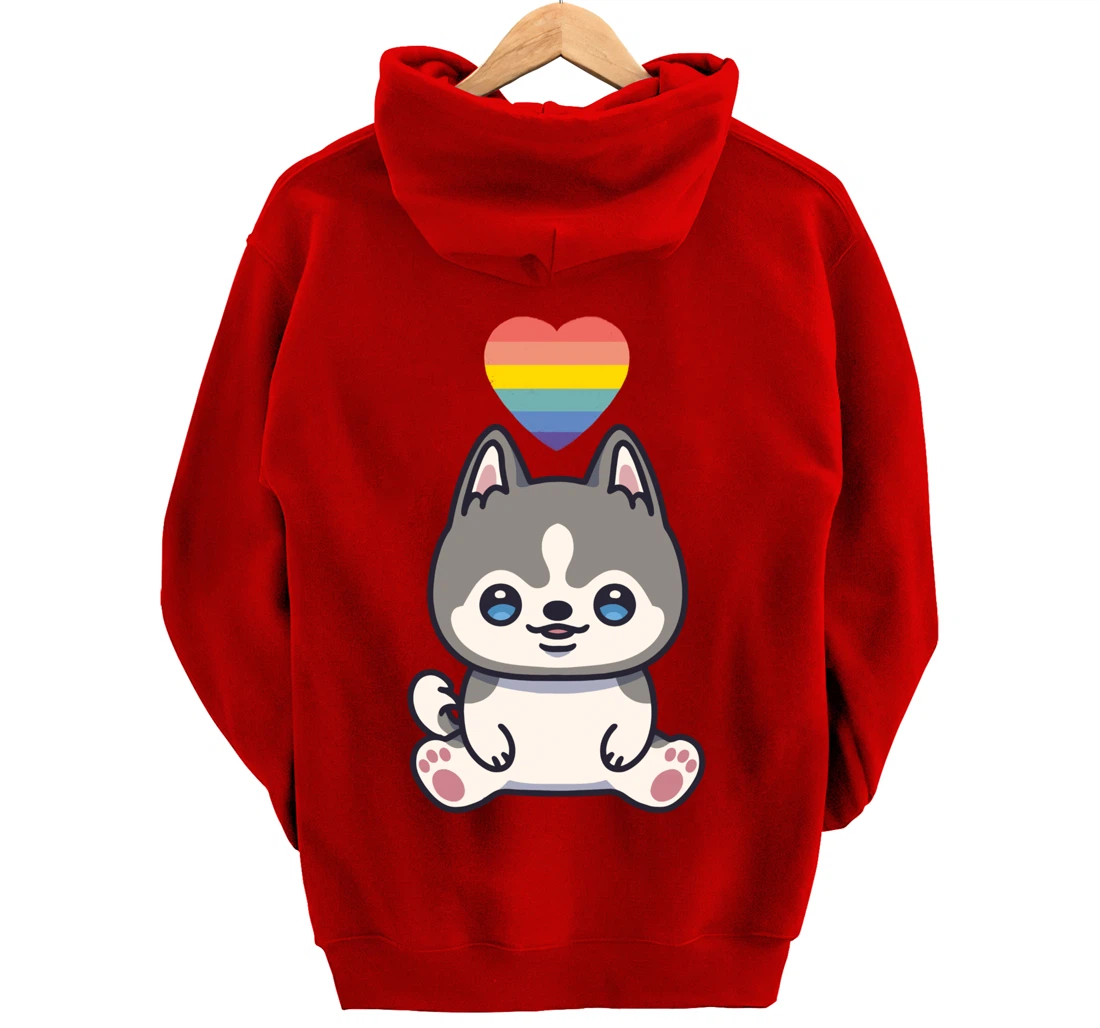 Gay Siberian Husky Dog LGBTQ Pride Flag Anime Kawaii Heart Pullover Hoodie