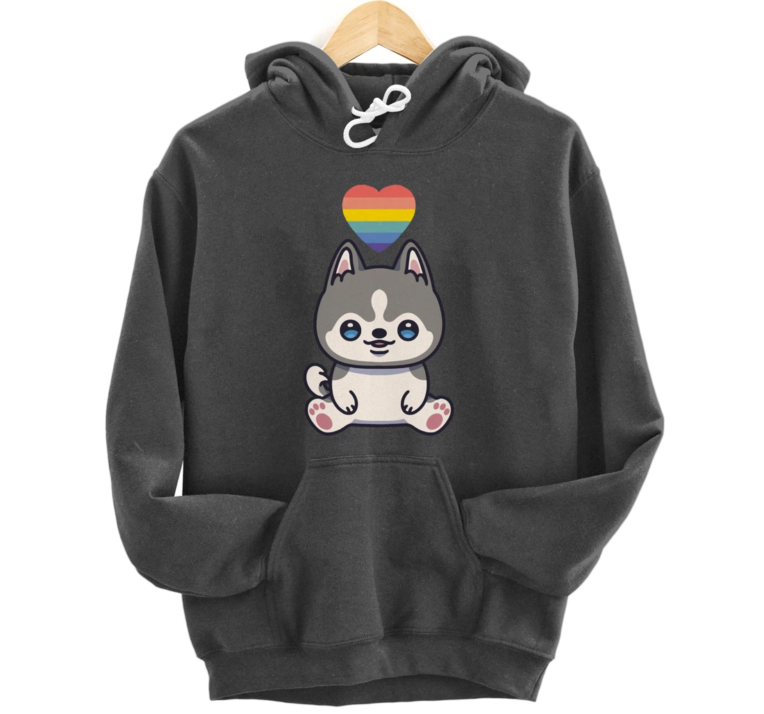 Gay Siberian Husky Dog LGBTQ Pride Flag Anime Kawaii Heart Pullover Hoodie