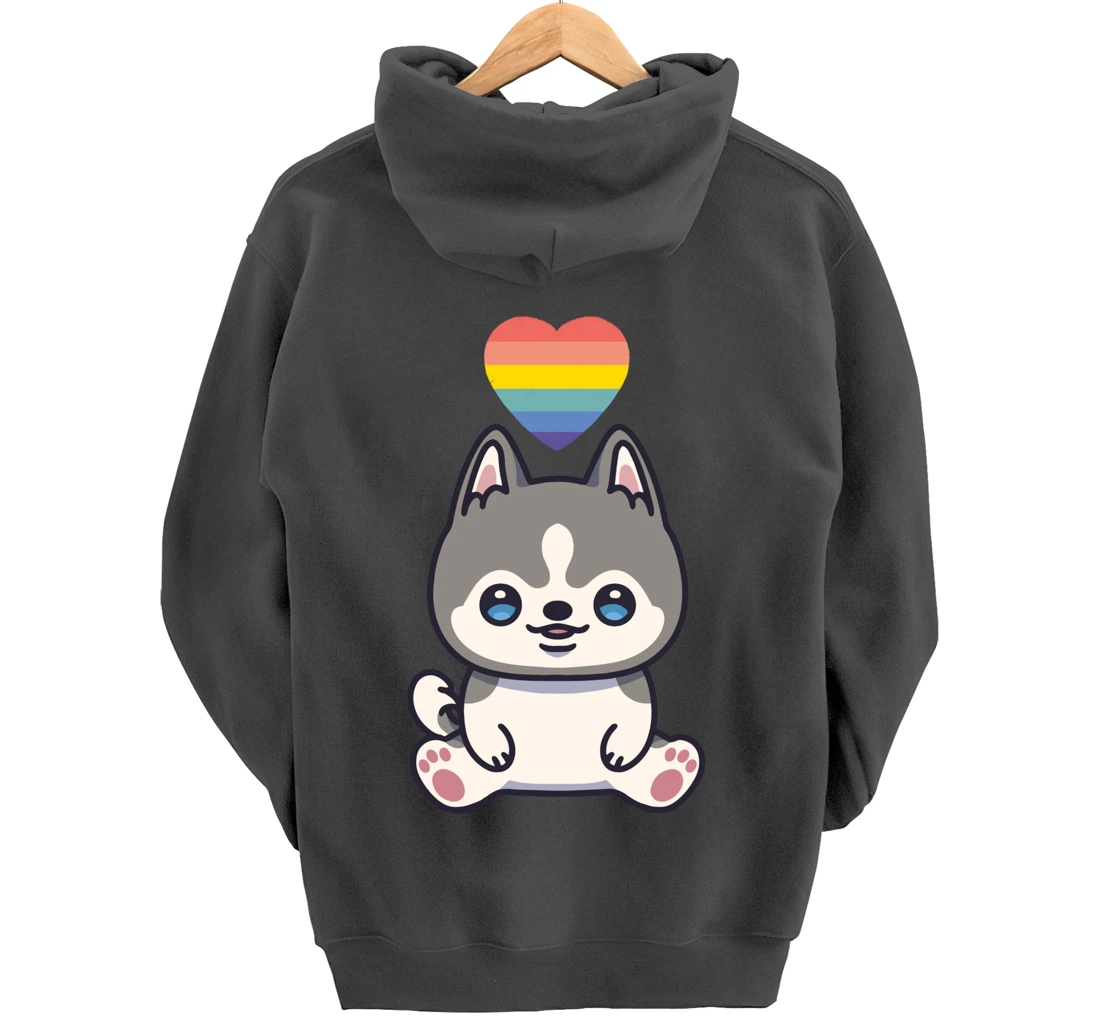 Gay Siberian Husky Dog LGBTQ Pride Flag Anime Kawaii Heart Pullover Hoodie