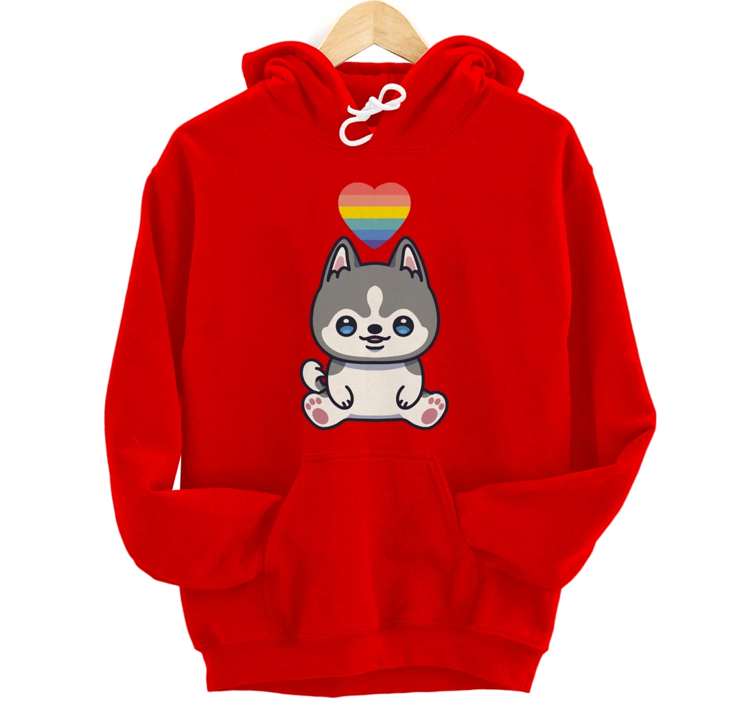 Gay Siberian Husky Dog LGBTQ Pride Flag Anime Kawaii Heart Pullover Hoodie