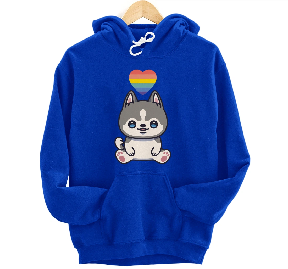 Gay Siberian Husky Dog LGBTQ Pride Flag Anime Kawaii Heart Pullover Hoodie