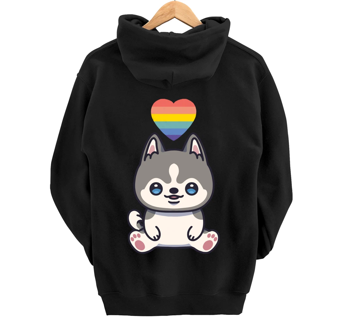 Gay Siberian Husky Dog LGBTQ Pride Flag Anime Kawaii Heart Pullover Hoodie