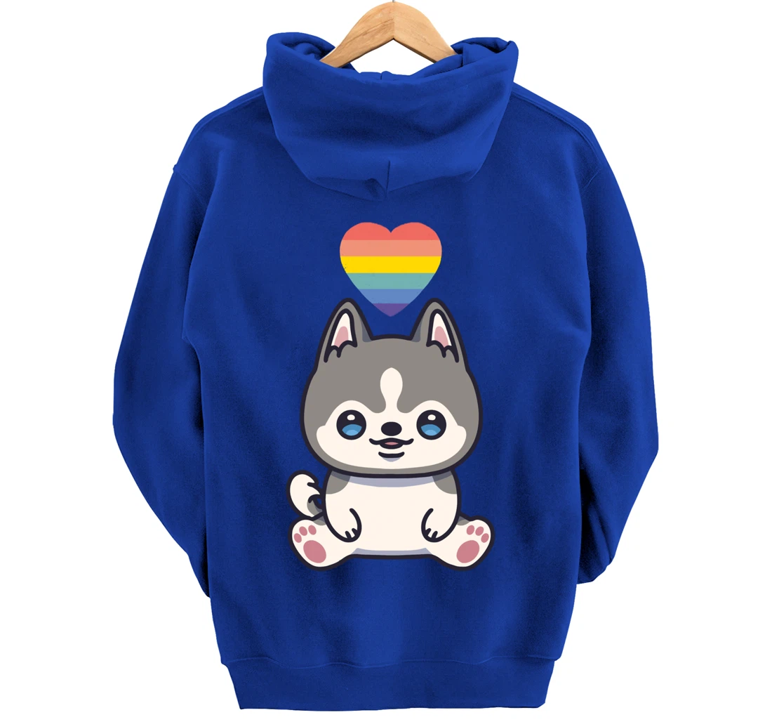 Gay Siberian Husky Dog LGBTQ Pride Flag Anime Kawaii Heart Pullover Hoodie