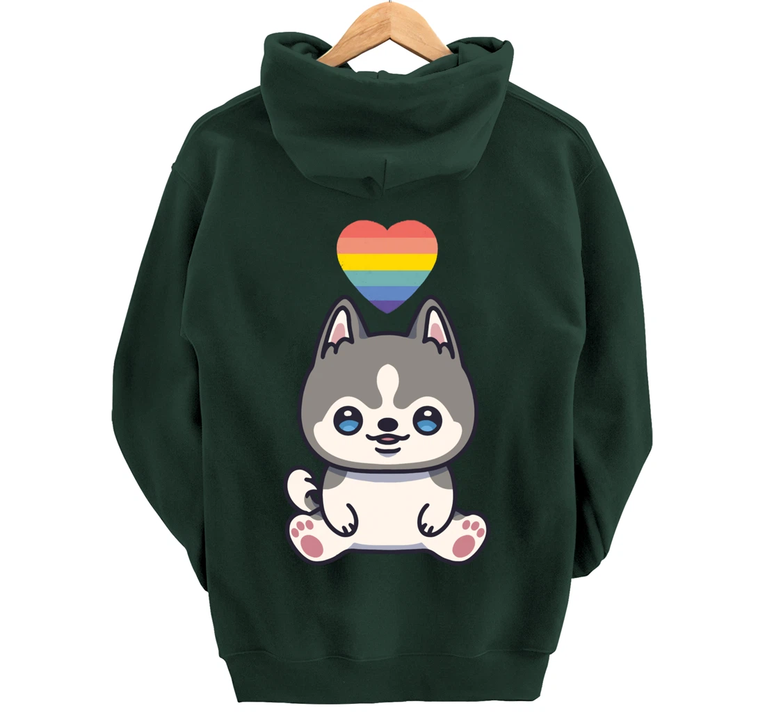 Gay Siberian Husky Dog LGBTQ Pride Flag Anime Kawaii Heart Pullover Hoodie