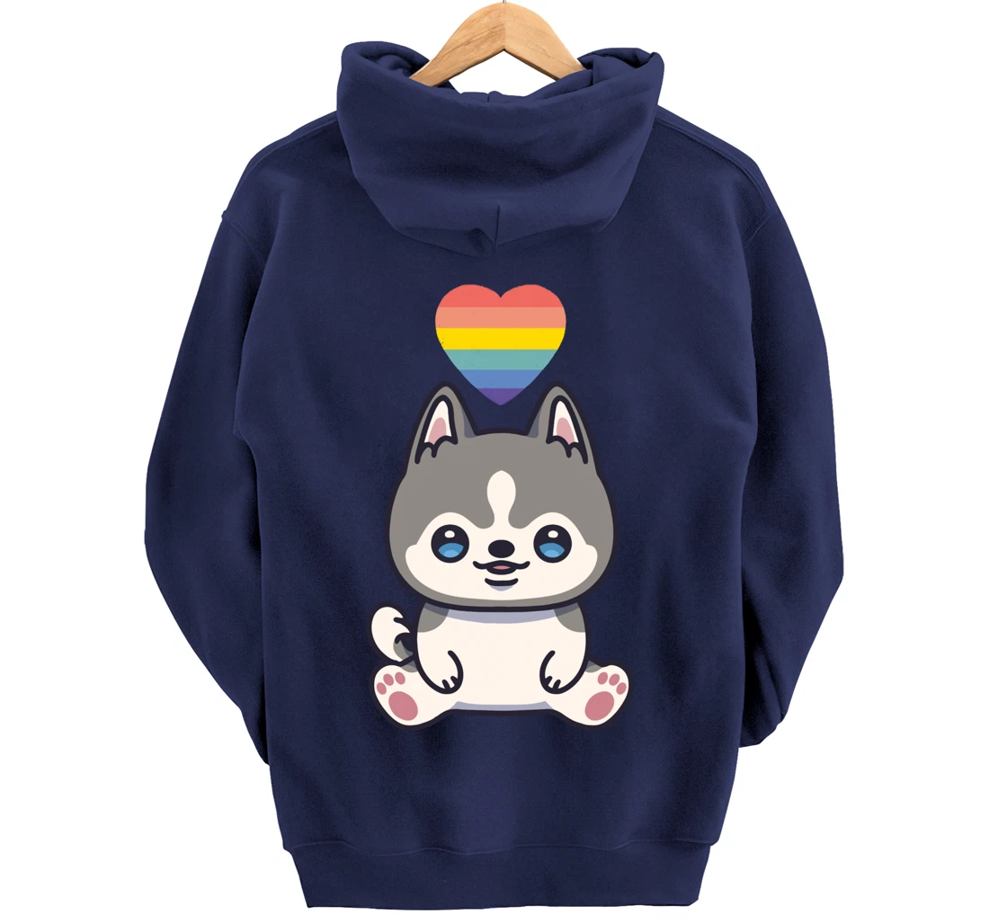 Gay Siberian Husky Dog LGBTQ Pride Flag Anime Kawaii Heart Pullover Hoodie