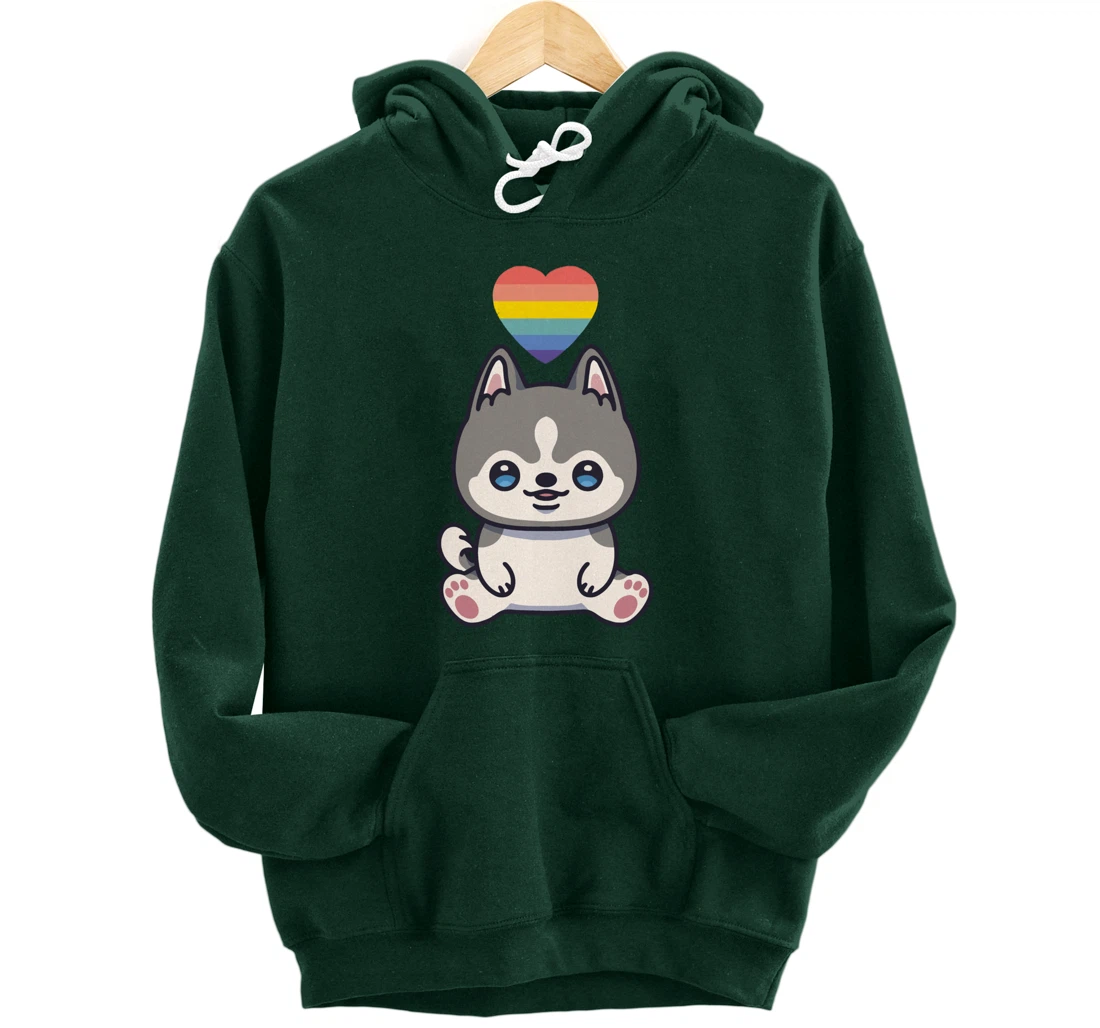 Gay Siberian Husky Dog LGBTQ Pride Flag Anime Kawaii Heart Pullover Hoodie