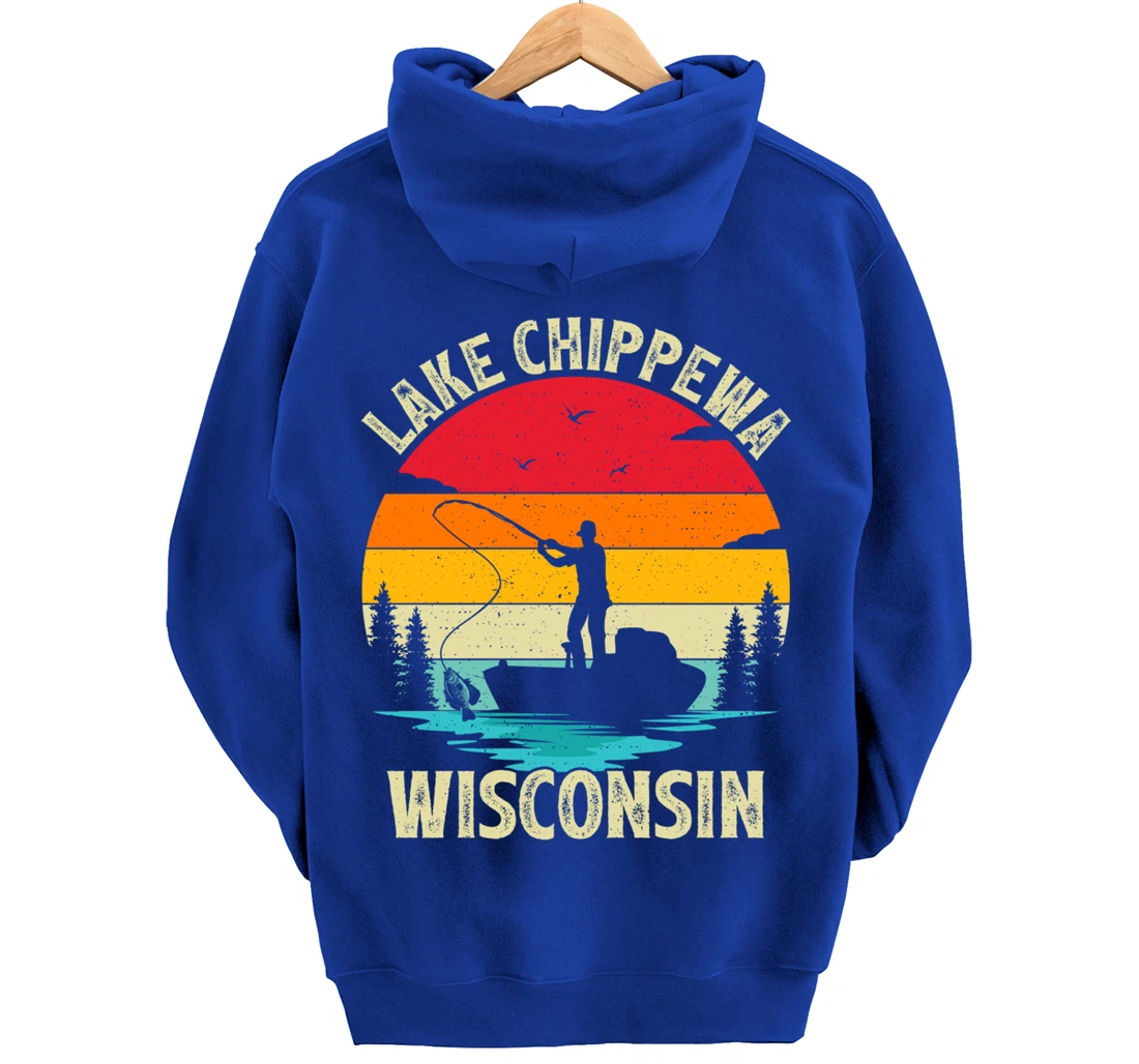 Summer Vacation Fishing Vintage Wisconsin Chippewa Lake Pullover Hoodie