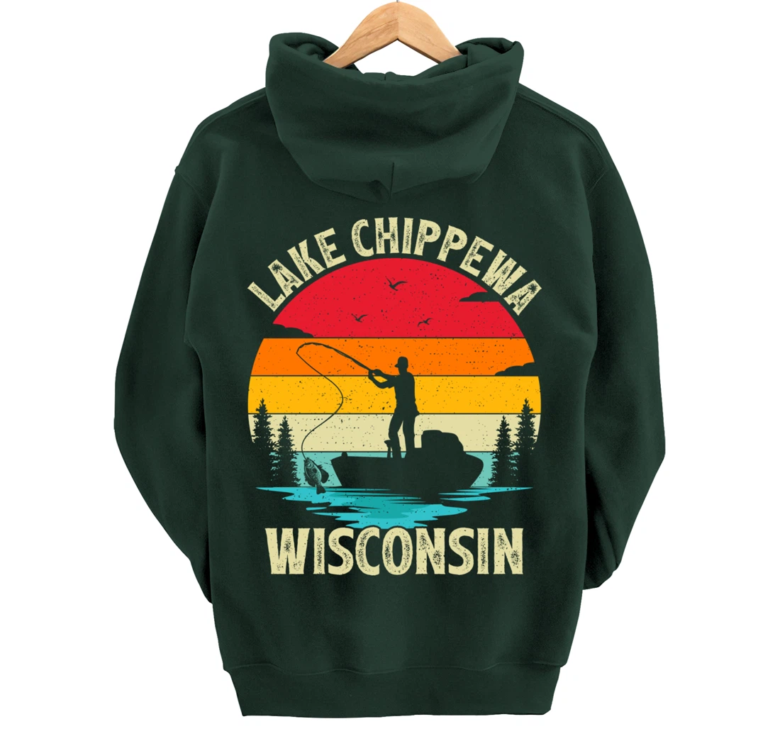 Summer Vacation Fishing Vintage Wisconsin Chippewa Lake Pullover Hoodie