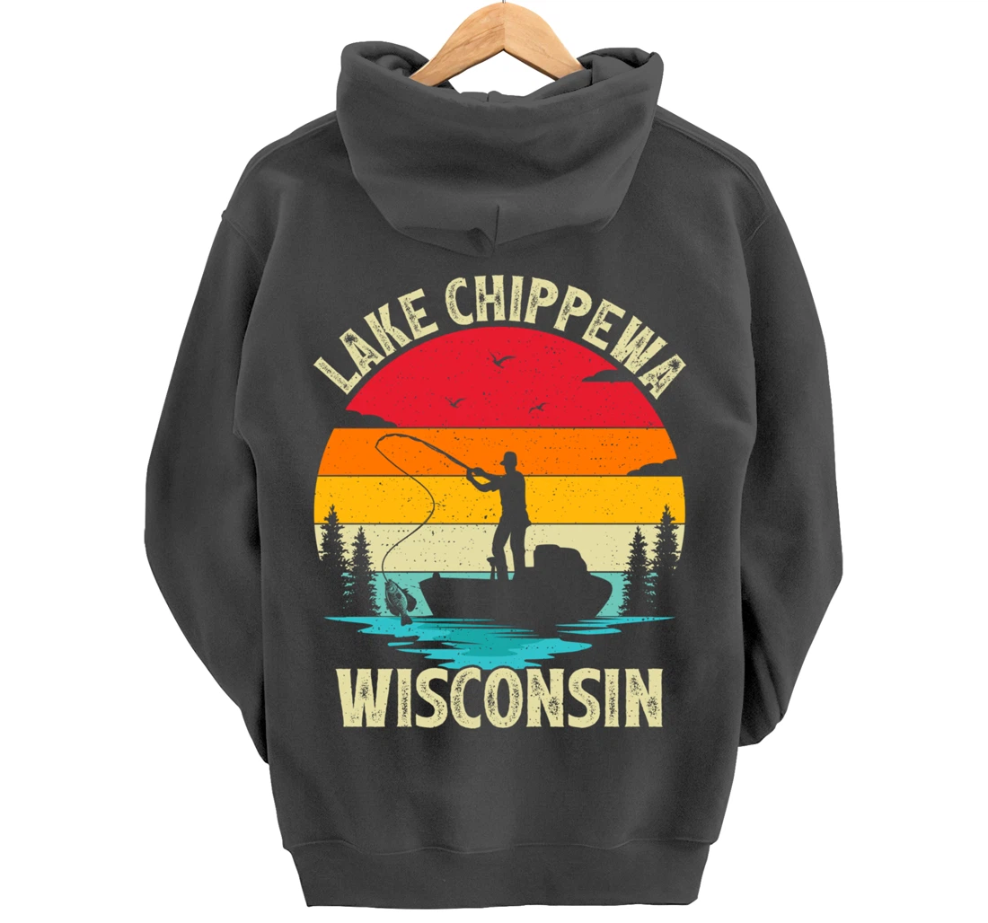 Summer Vacation Fishing Vintage Wisconsin Chippewa Lake Pullover Hoodie