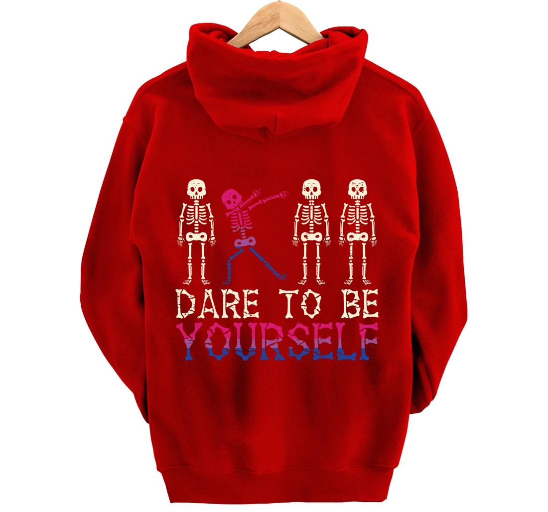 Dare To Be Yourself Skeleton Dab Bisexual Bi Pride Flag LGBT Pullover Hoodie