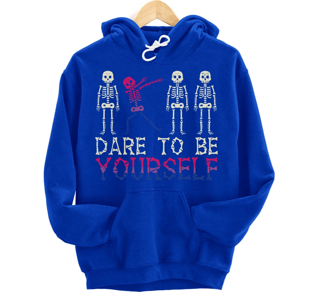 Dare To Be Yourself Skeleton Dab Bisexual Bi Pride Flag LGBT Pullover Hoodie