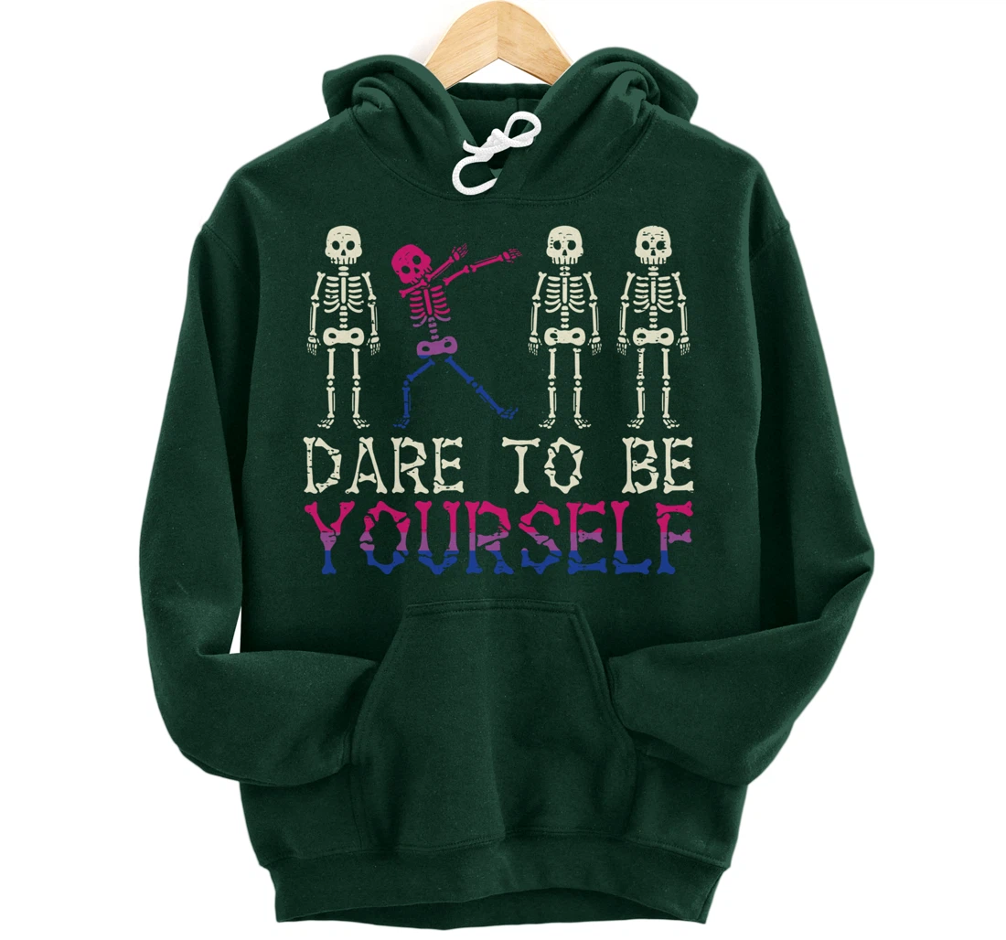 Dare To Be Yourself Skeleton Dab Bisexual Bi Pride Flag LGBT Pullover Hoodie