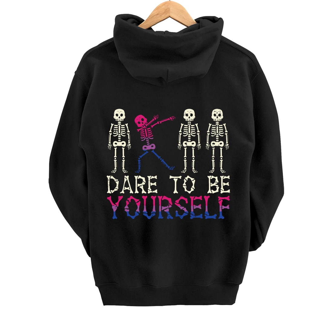 Dare To Be Yourself Skeleton Dab Bisexual Bi Pride Flag LGBT Pullover Hoodie