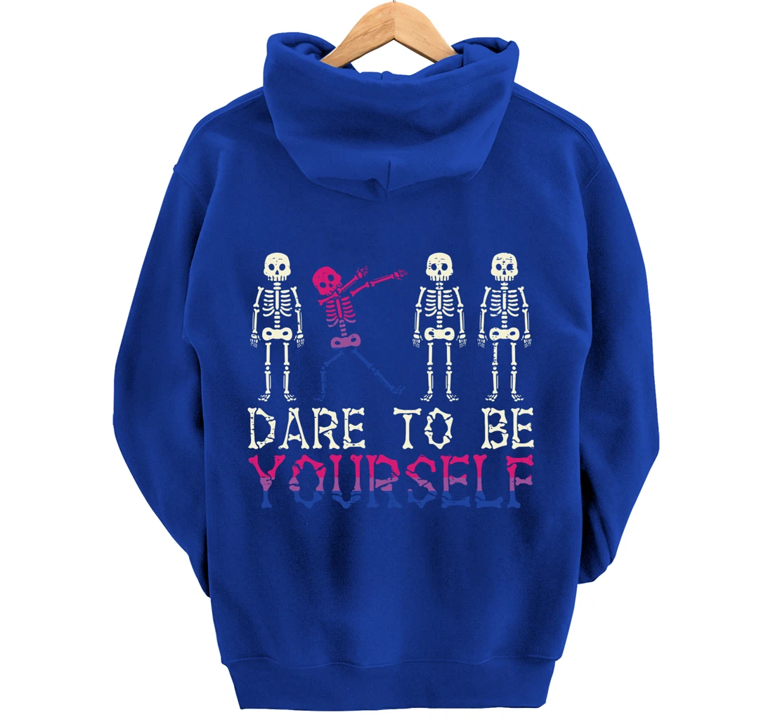 Dare To Be Yourself Skeleton Dab Bisexual Bi Pride Flag LGBT Pullover Hoodie