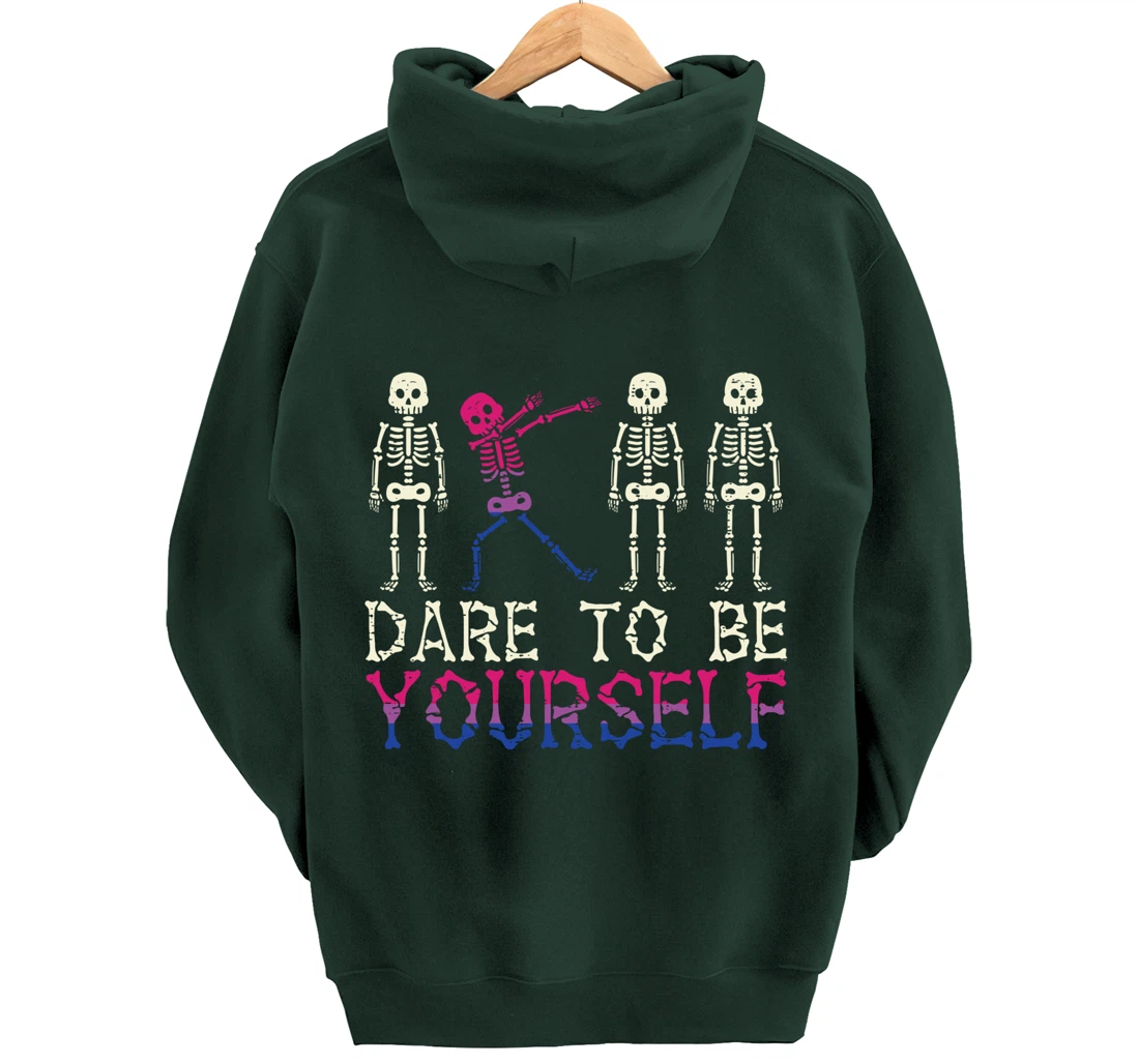 Dare To Be Yourself Skeleton Dab Bisexual Bi Pride Flag LGBT Pullover Hoodie