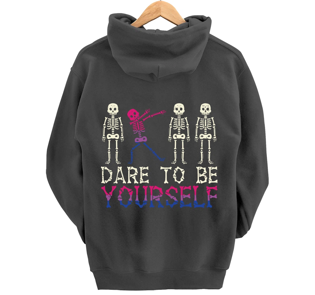Dare To Be Yourself Skeleton Dab Bisexual Bi Pride Flag LGBT Pullover Hoodie