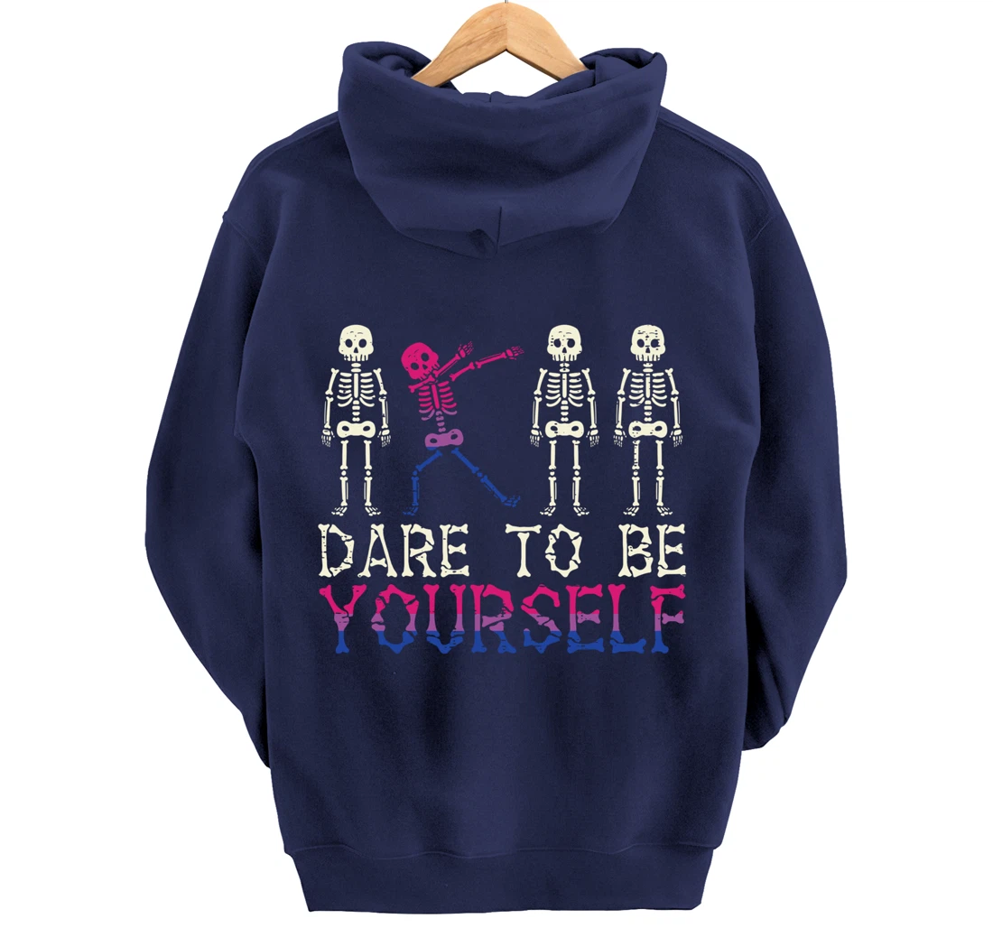 Dare To Be Yourself Skeleton Dab Bisexual Bi Pride Flag LGBT Pullover Hoodie