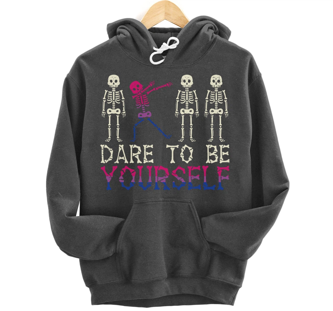 Dare To Be Yourself Skeleton Dab Bisexual Bi Pride Flag LGBT Pullover Hoodie