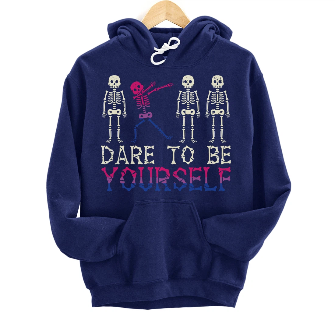 Dare To Be Yourself Skeleton Dab Bisexual Bi Pride Flag LGBT Pullover Hoodie