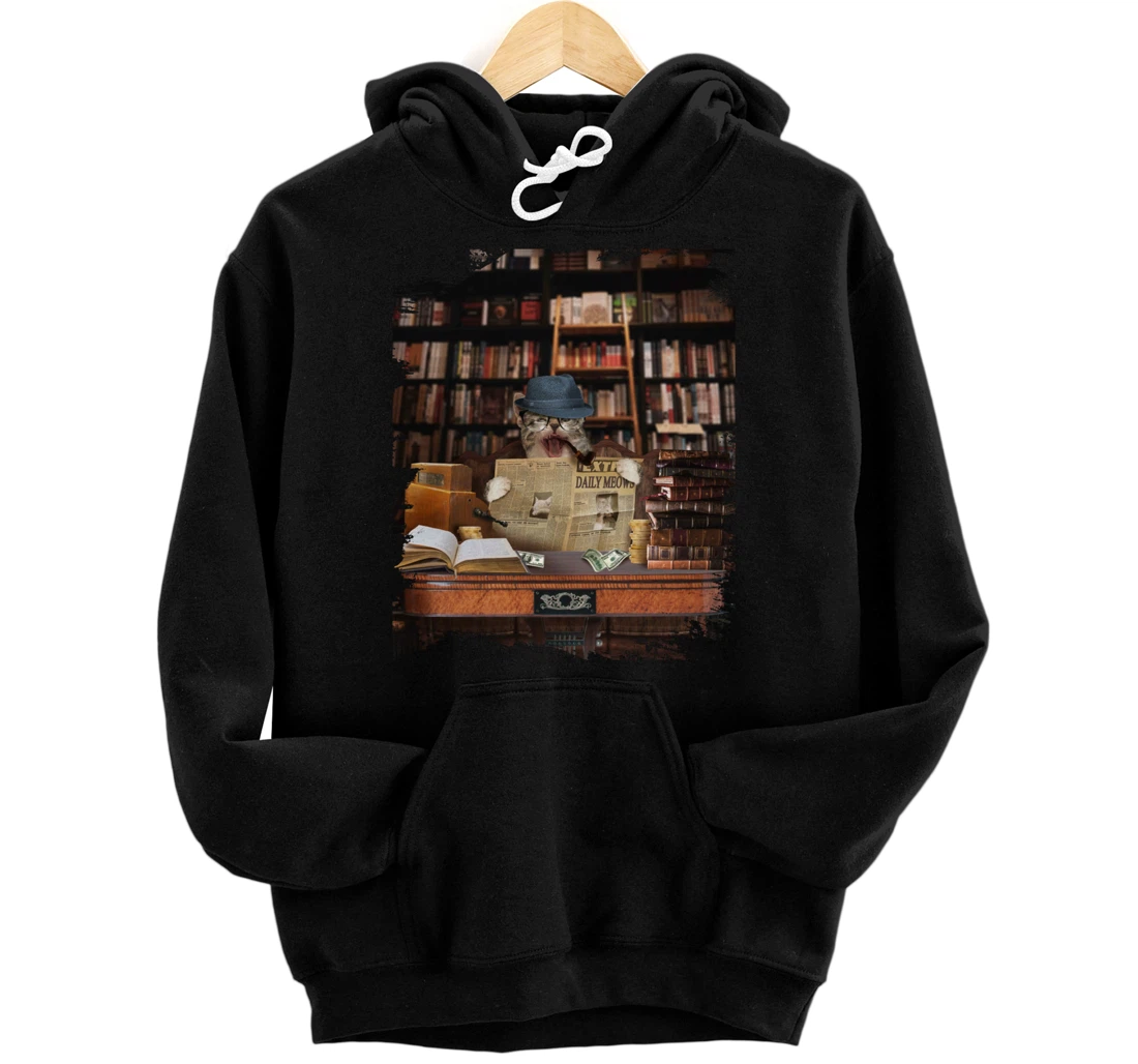 Cat Cats Kitty Bookstore Librarian Newspaper Funny Pullover Hoodie