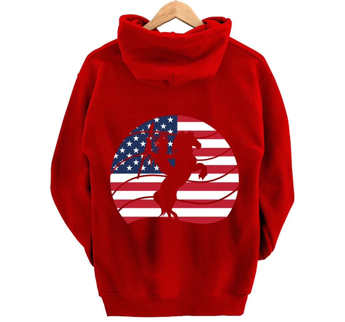 Patriotic Indigenous Horseback Rider US Flag Native American Pullover Hoodie
