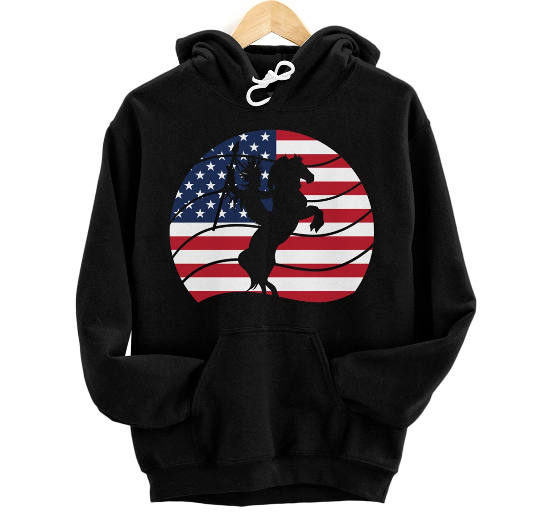 Patriotic Indigenous Horseback Rider US Flag Native American Pullover Hoodie