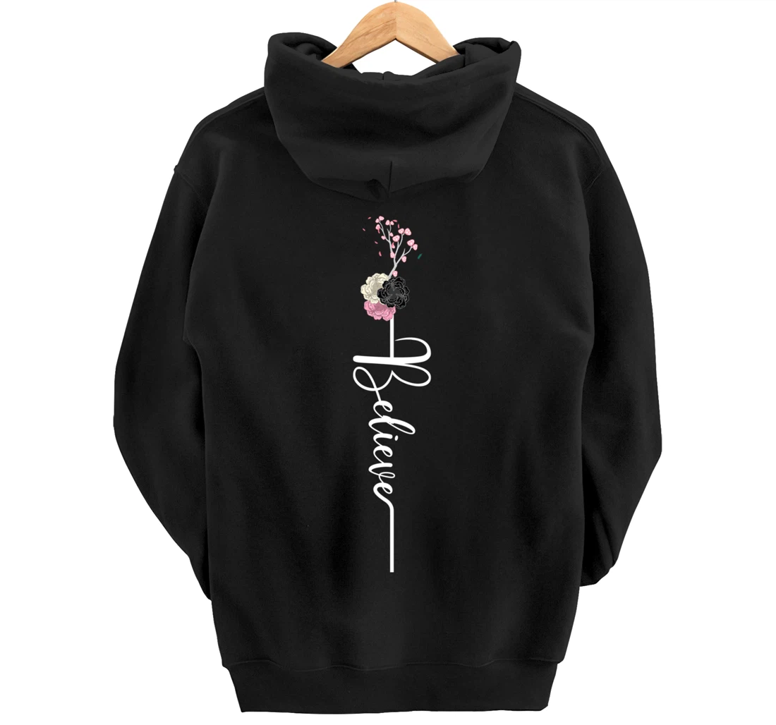 Believe Cross Flower Religious Christian Girls Women Gift Pullover Hoodie