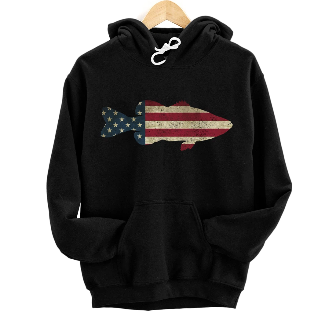 Bass Fishing American Flag Vintage Patriotic Fisherman Gift Pullover Hoodie