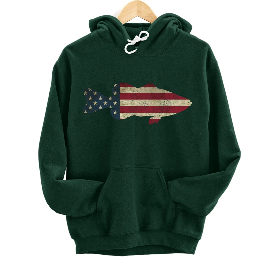 Bass Fishing American Flag Vintage Patriotic Fisherman Gift Pullover Hoodie