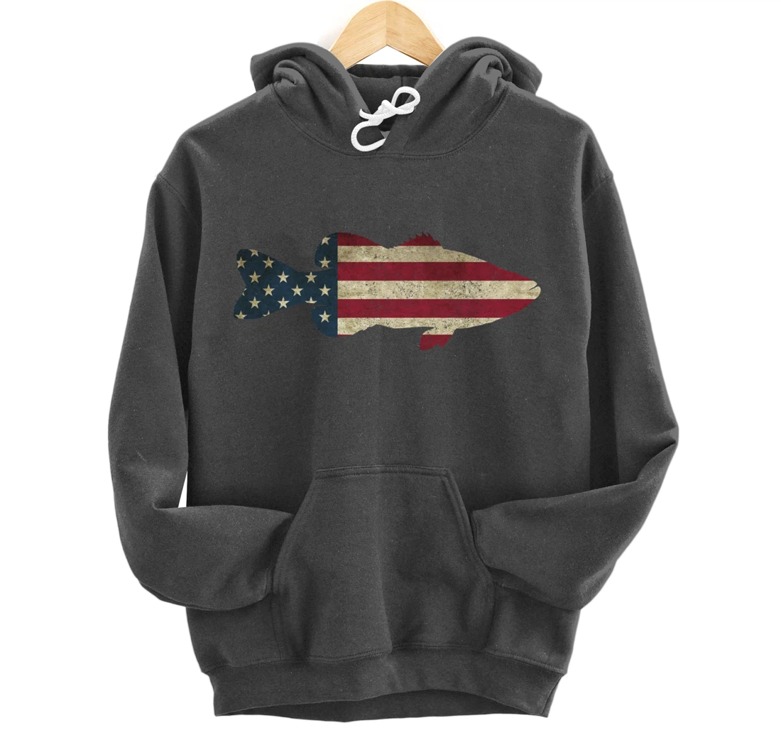 Bass Fishing American Flag Vintage Patriotic Fisherman Gift Pullover Hoodie