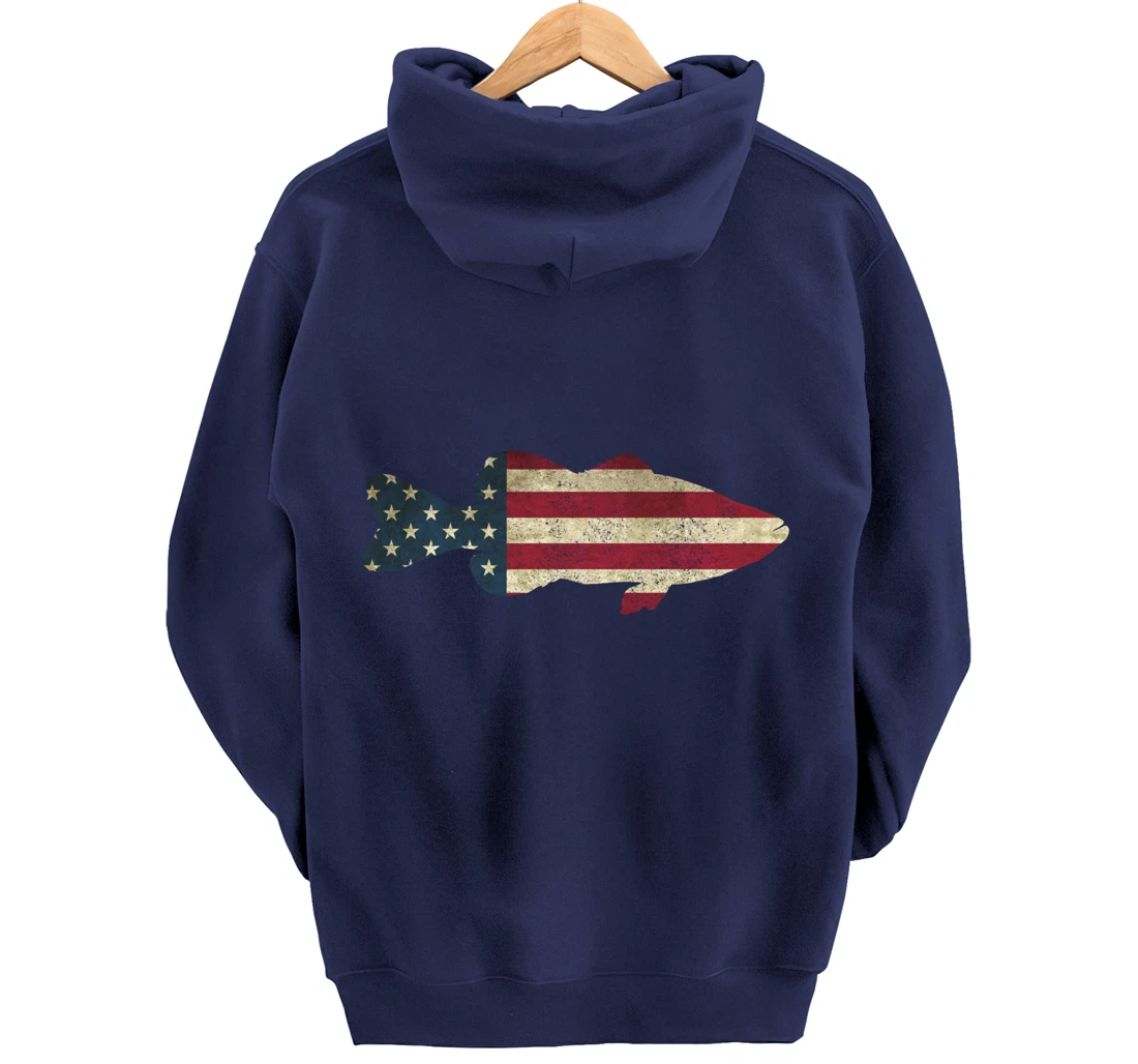 Bass Fishing American Flag Vintage Patriotic Fisherman Gift Pullover Hoodie