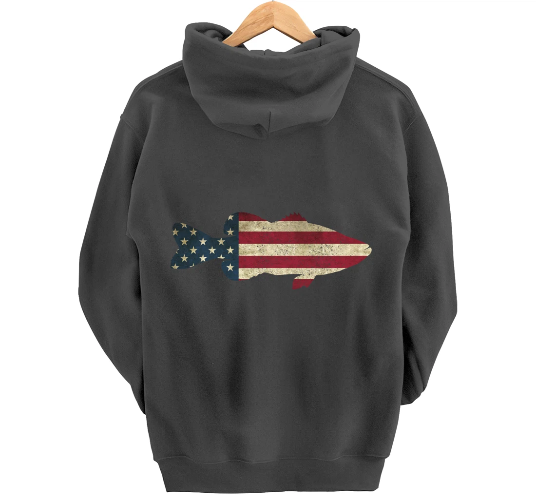 Bass Fishing American Flag Vintage Patriotic Fisherman Gift Pullover Hoodie