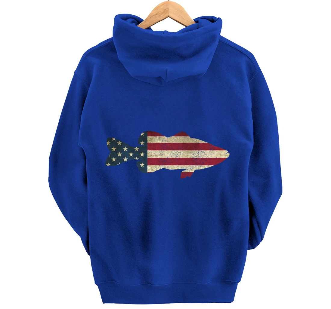 Bass Fishing American Flag Vintage Patriotic Fisherman Gift Pullover Hoodie
