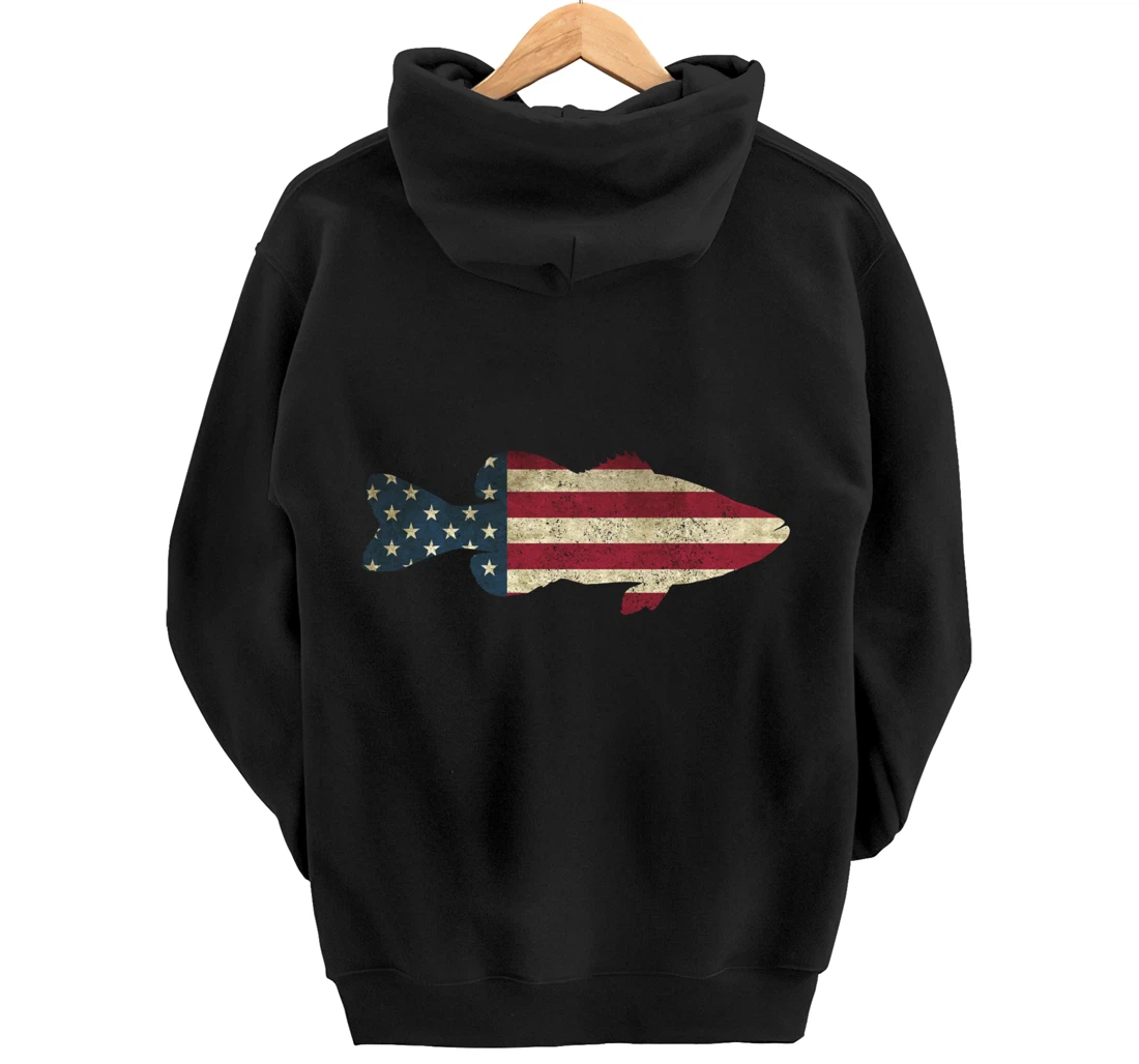Bass Fishing American Flag Vintage Patriotic Fisherman Gift Pullover Hoodie