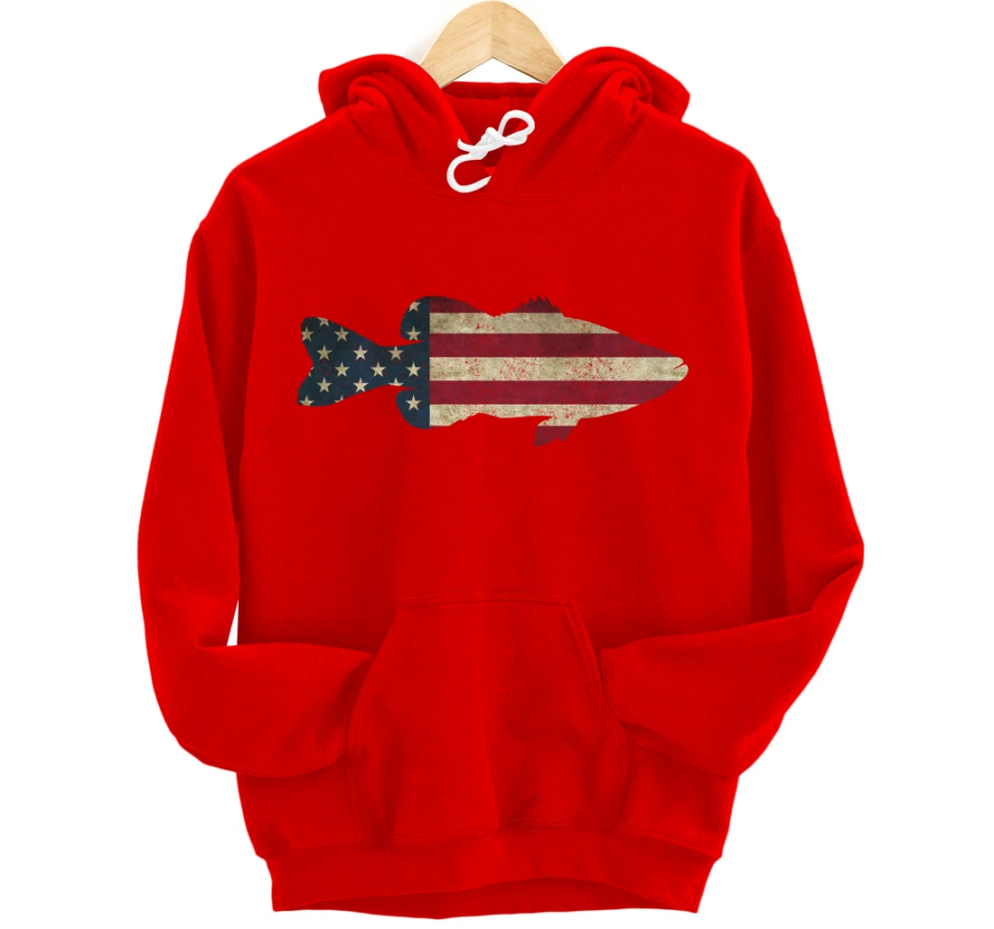 Bass Fishing American Flag Vintage Patriotic Fisherman Gift Pullover Hoodie