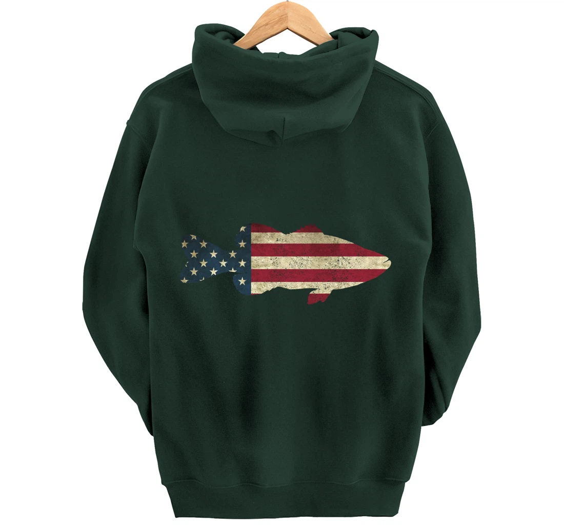 Bass Fishing American Flag Vintage Patriotic Fisherman Gift Pullover Hoodie