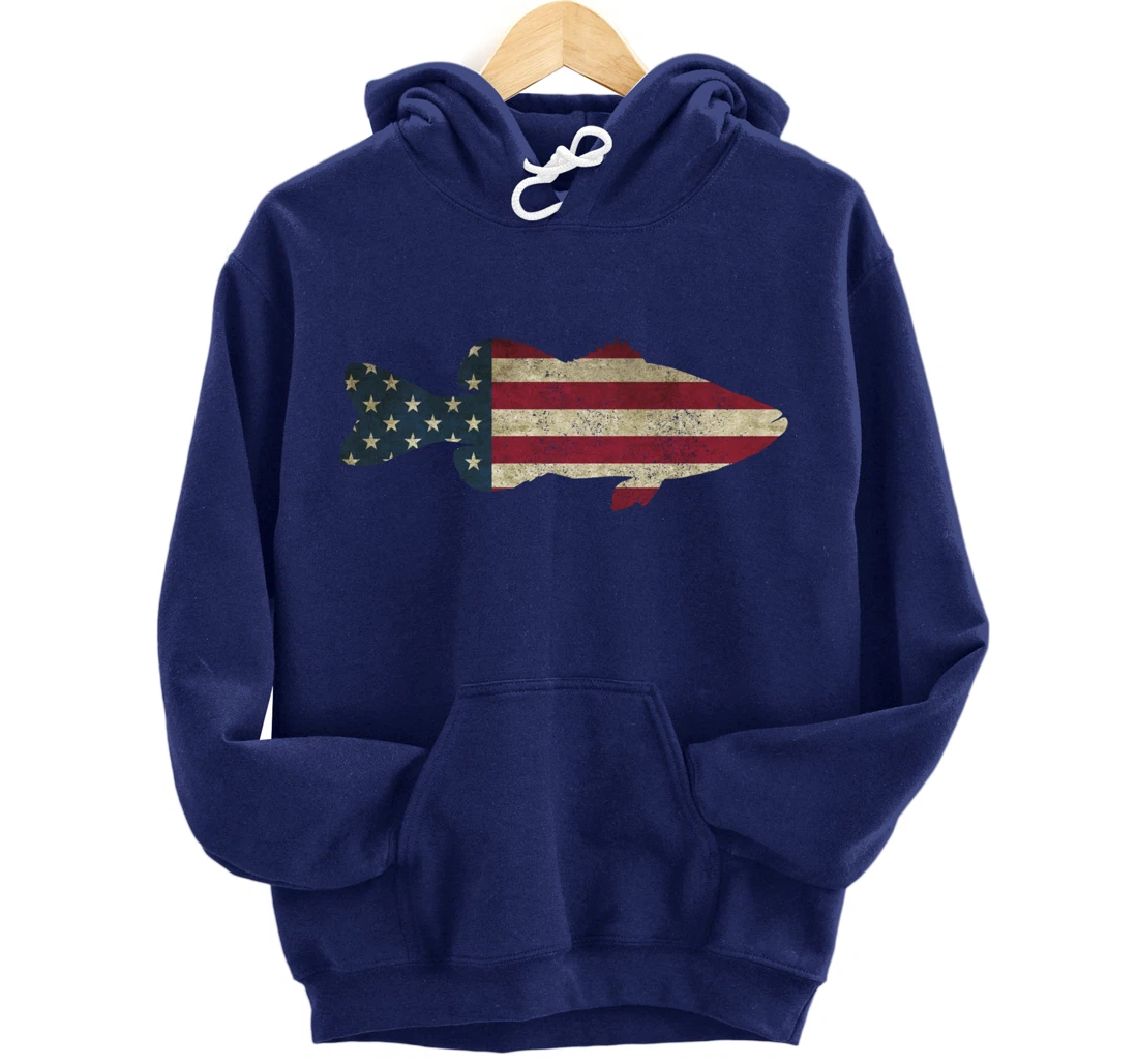 Bass Fishing American Flag Vintage Patriotic Fisherman Gift Pullover Hoodie