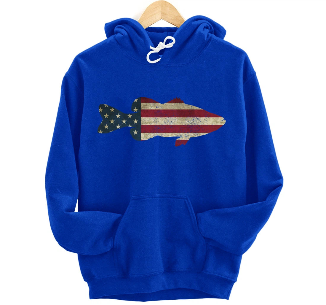 Bass Fishing American Flag Vintage Patriotic Fisherman Gift Pullover Hoodie