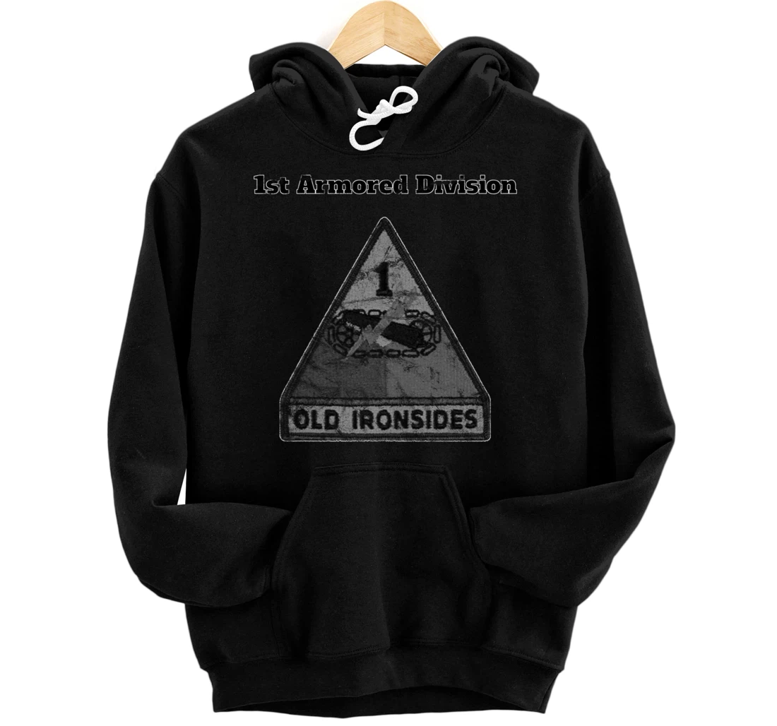 1st Armored Div - Old Ironsides Grayscale Distressed design Pullover Hoodie