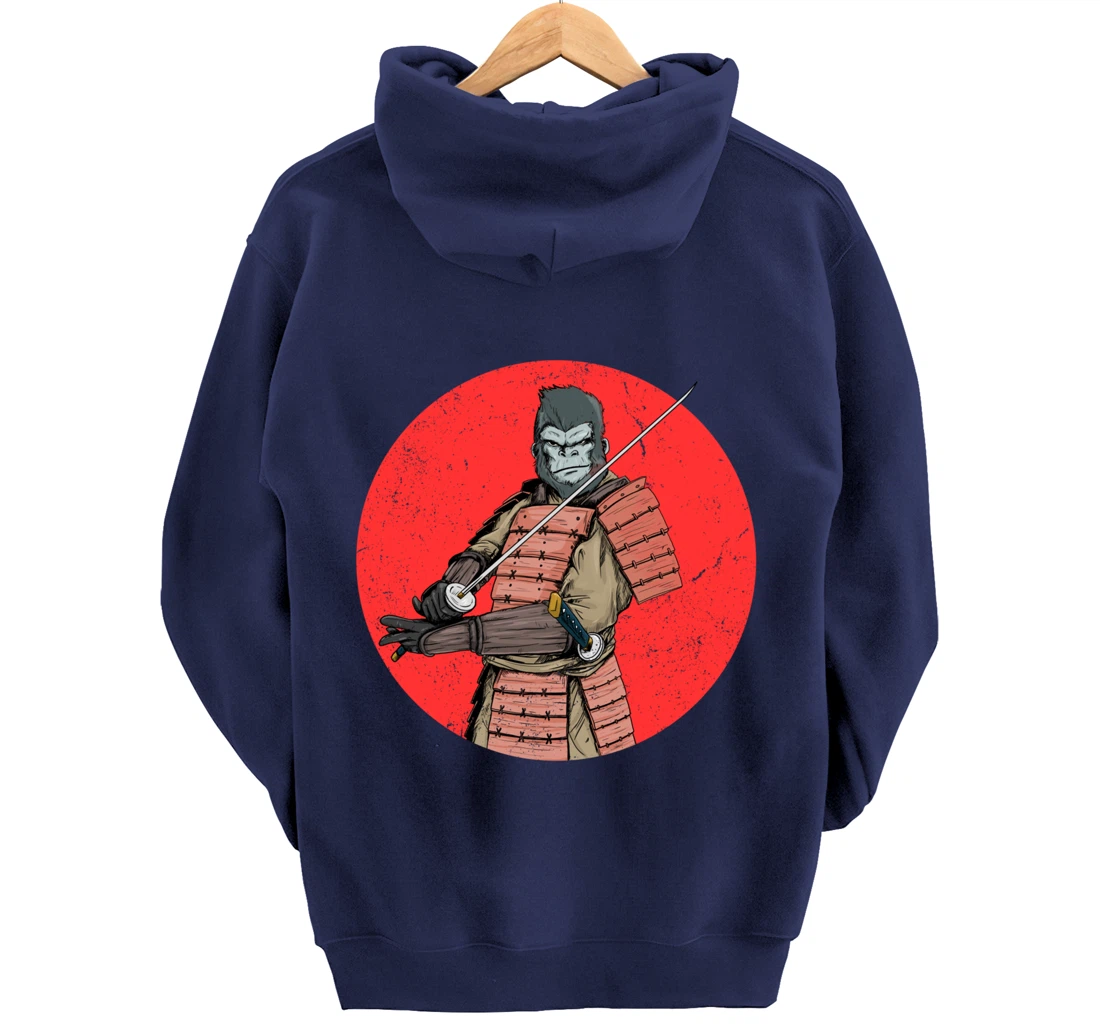 Samurai Gorilla in Front of Japanese Rising Sun Pullover Hoodie