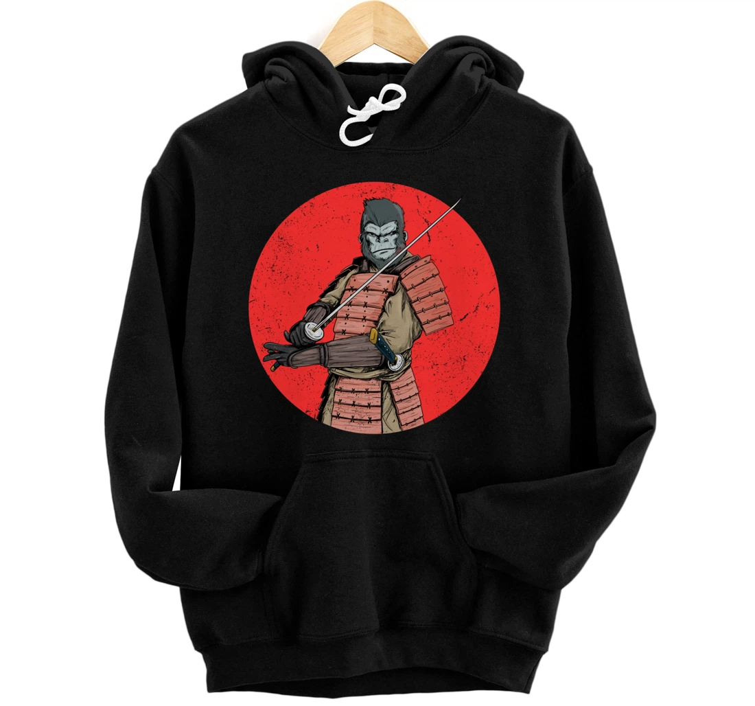 Samurai Gorilla in Front of Japanese Rising Sun Pullover Hoodie