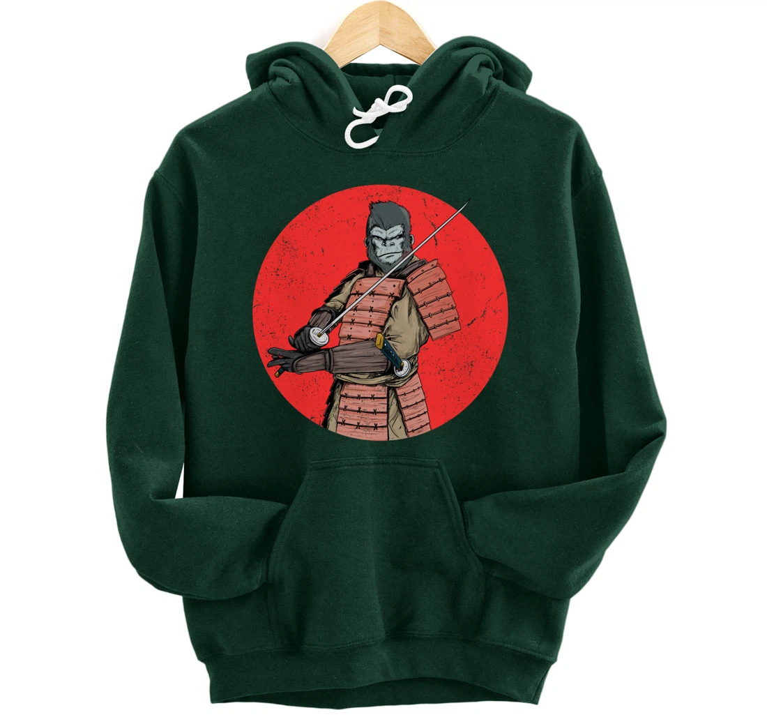 Samurai Gorilla in Front of Japanese Rising Sun Pullover Hoodie
