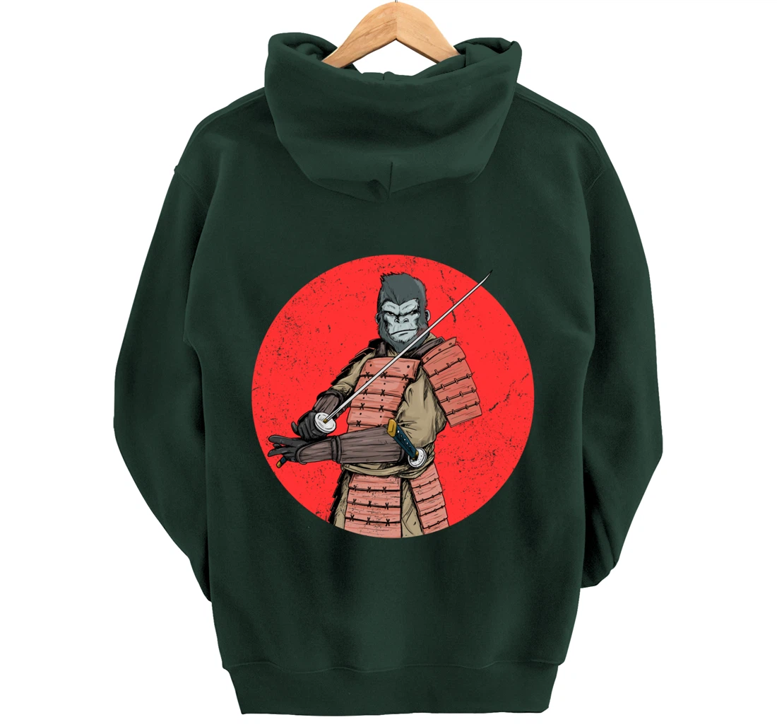Samurai Gorilla in Front of Japanese Rising Sun Pullover Hoodie