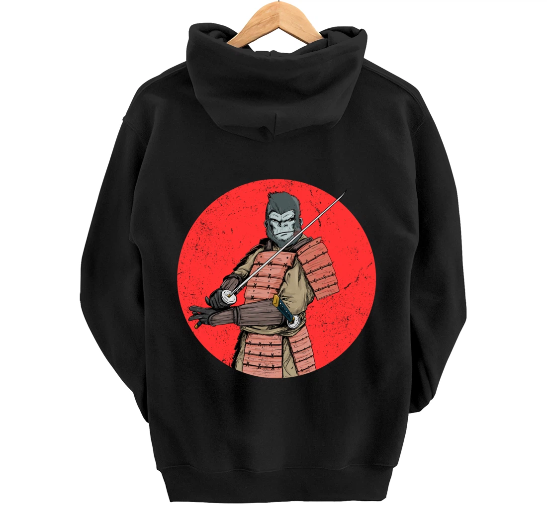 Samurai Gorilla in Front of Japanese Rising Sun Pullover Hoodie