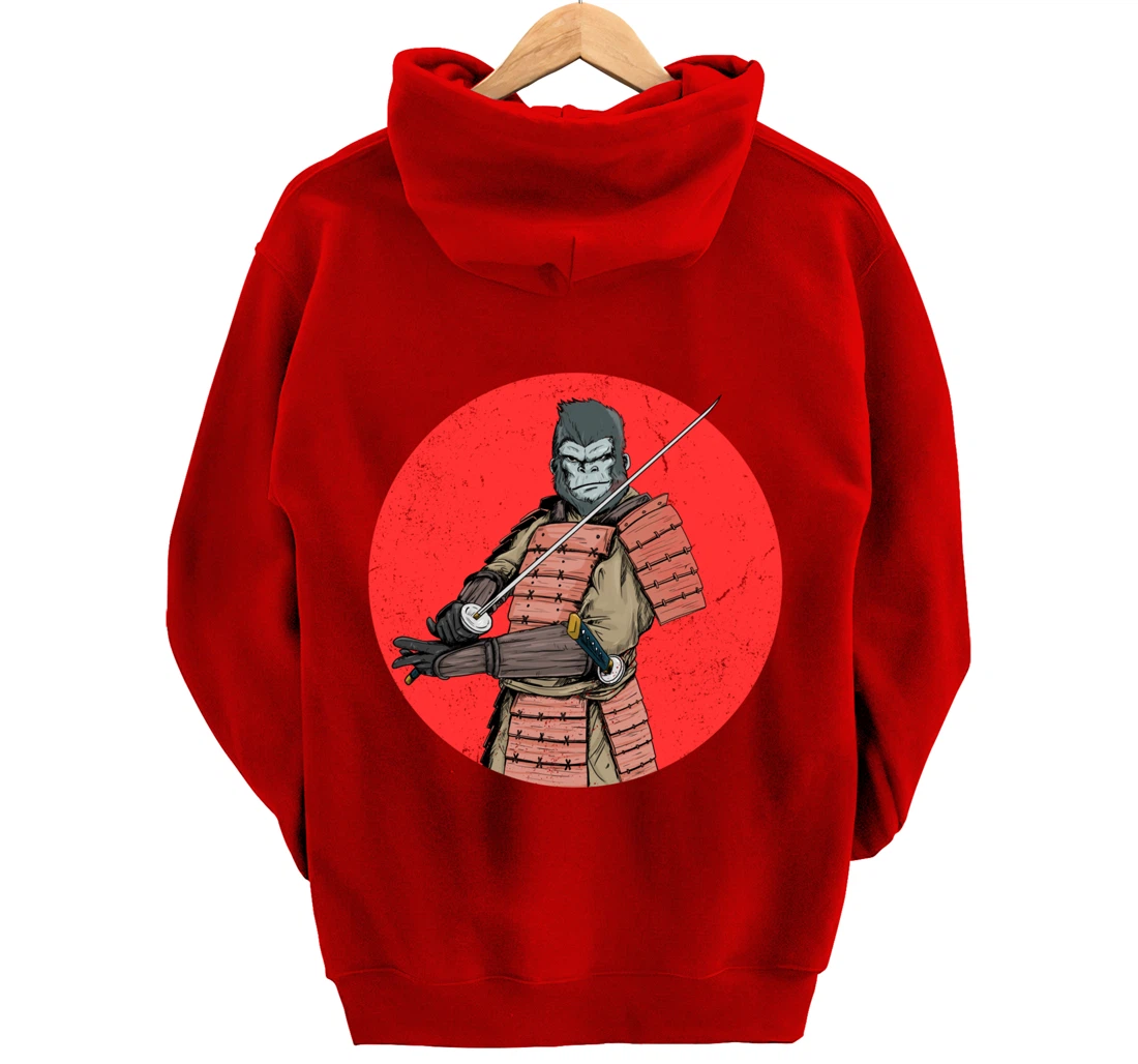 Samurai Gorilla in Front of Japanese Rising Sun Pullover Hoodie