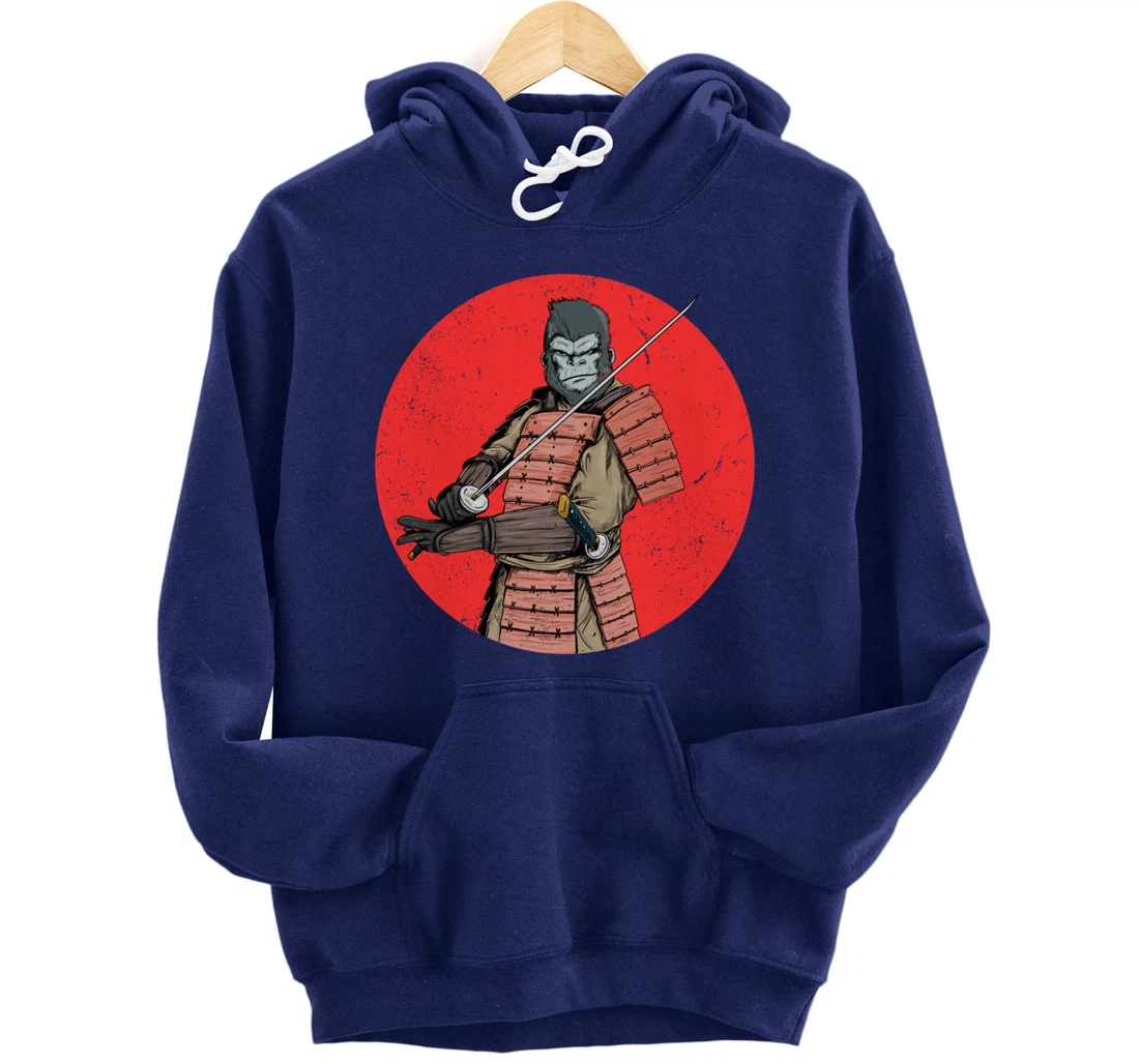 Samurai Gorilla in Front of Japanese Rising Sun Pullover Hoodie