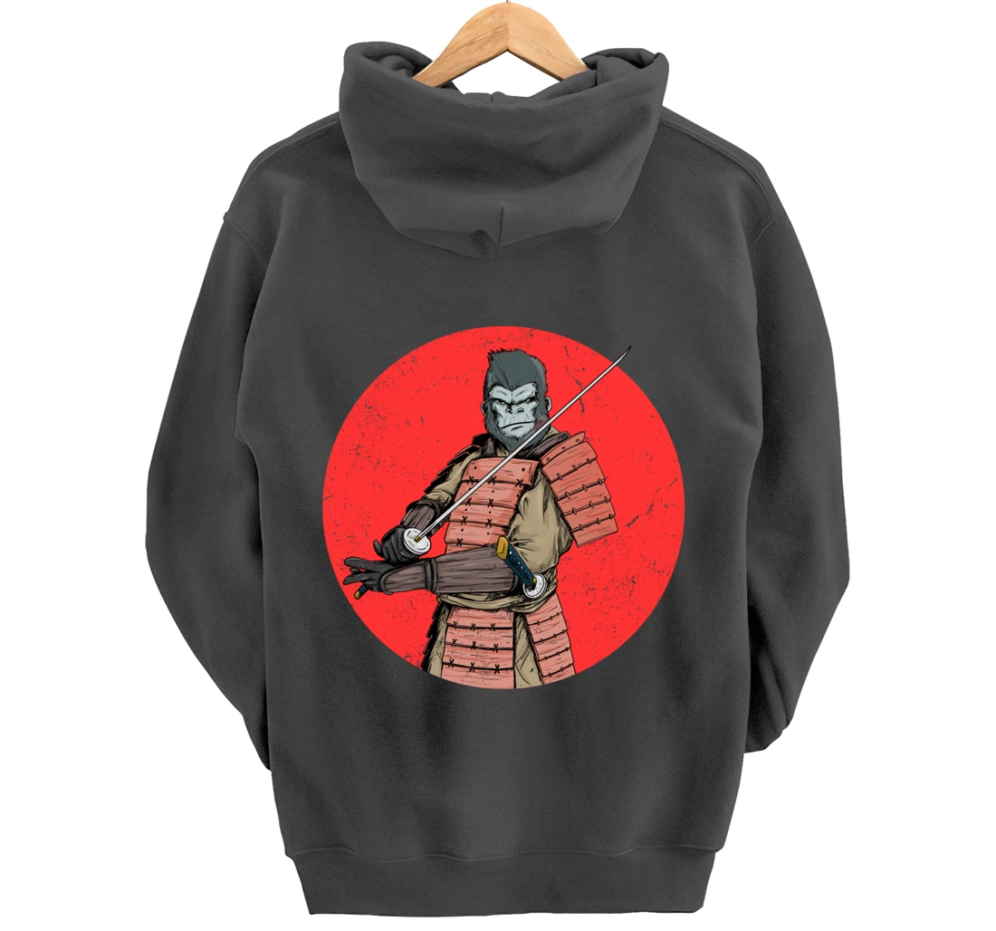 Samurai Gorilla in Front of Japanese Rising Sun Pullover Hoodie