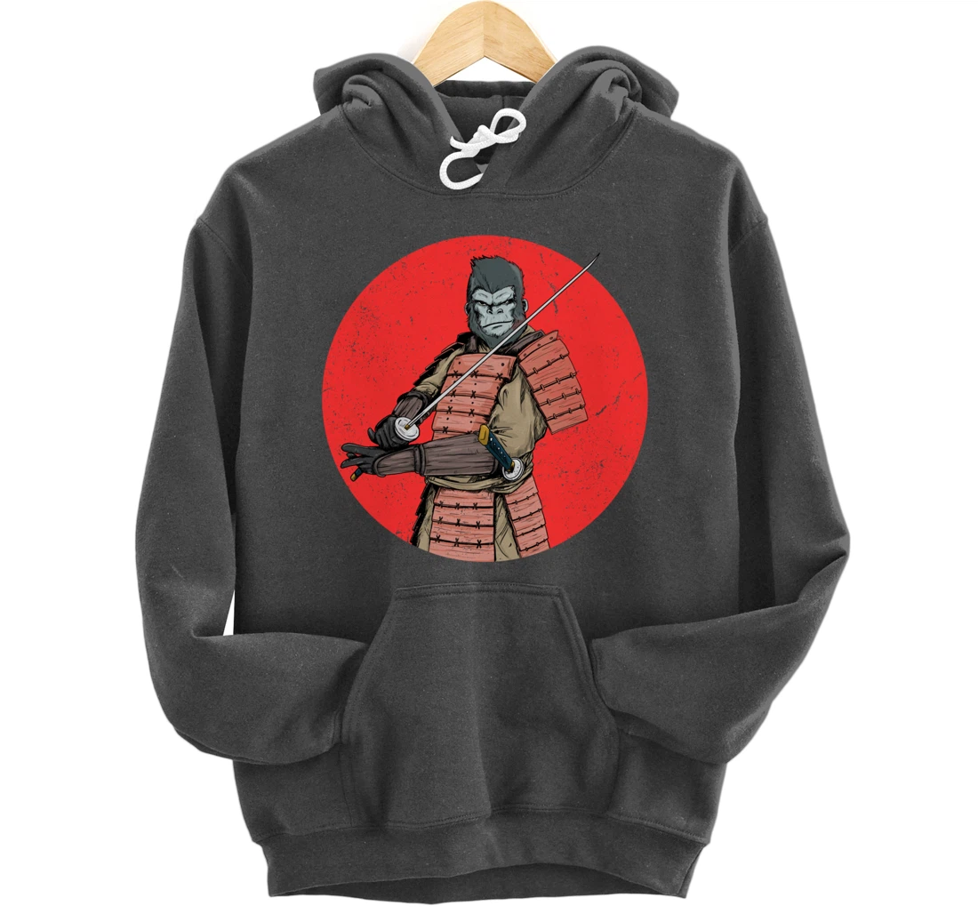 Samurai Gorilla in Front of Japanese Rising Sun Pullover Hoodie